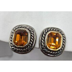 Faux Citrine and Antique Silver Tone Clip On Earrings, Rope Border